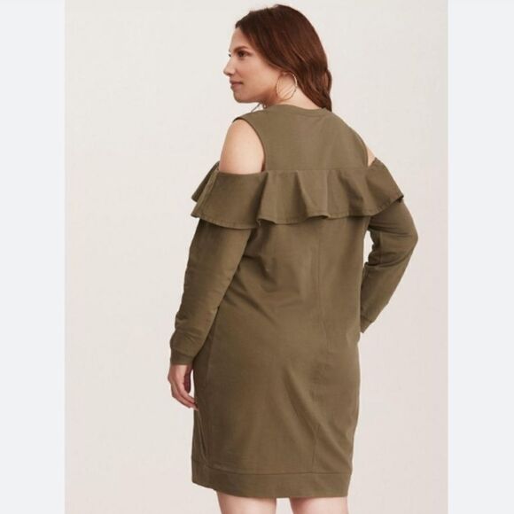 Torrid ruffled knit sweatshirt dress. Olive green. - Picture 2 of 13